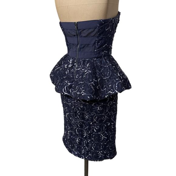 Alice + Olivia Mini Dress Blue Sequin Lace Strapless Peplum Pencil - Picture 7 of 10
